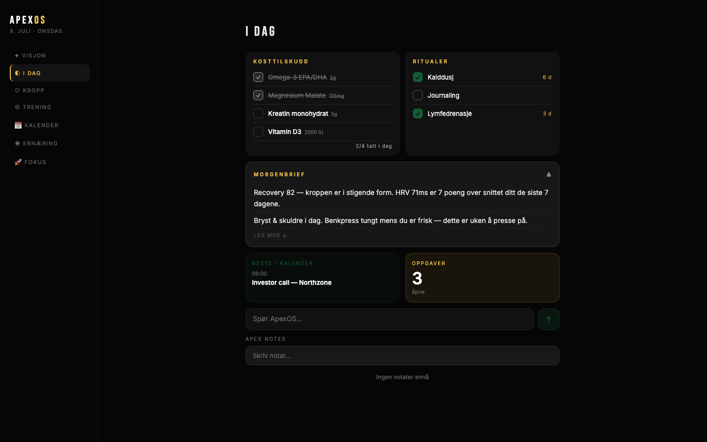 ApexOS dashboard på desktop