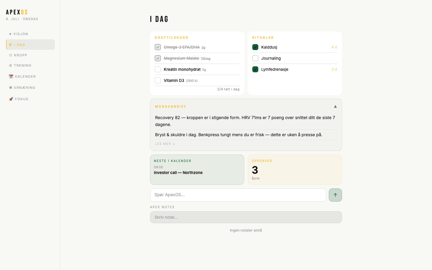 ApexOS dashboard på desktop
